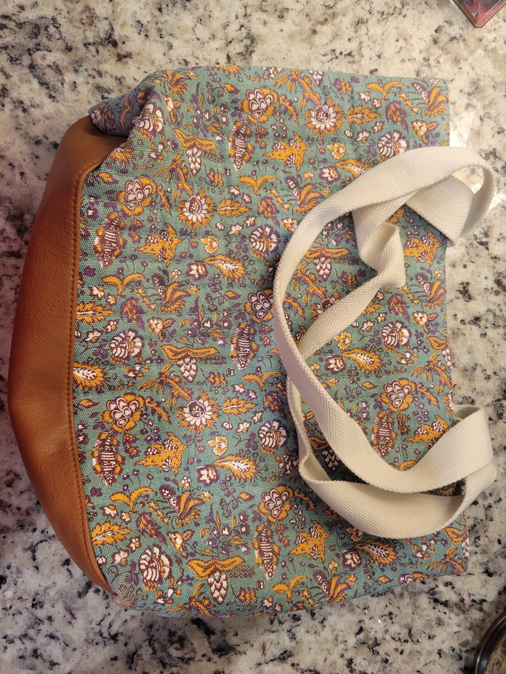 Universal Thread Floral Canvas Tote with Tan Trim and Cream Straps